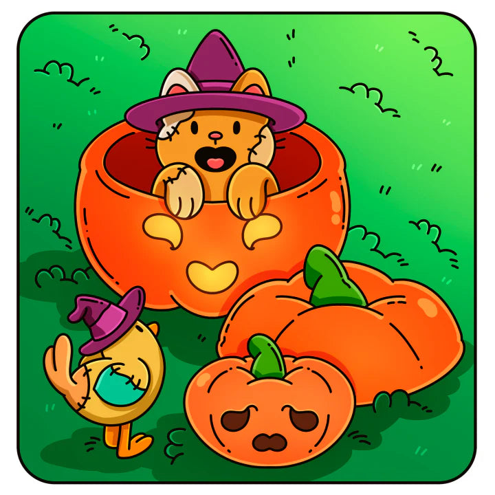 A colored page from Spooky Things: a kitten in a pumpkin