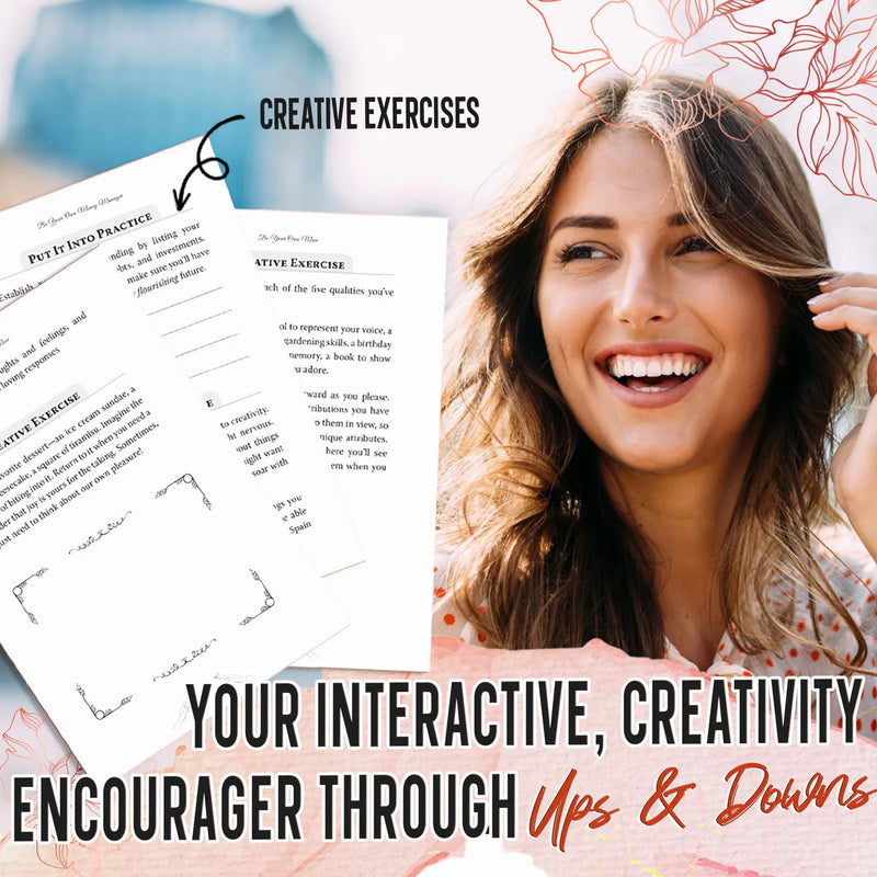 Pages of creative exercises fanned out next to a laughing woman: your interactive creativity encourager through ups and downs.