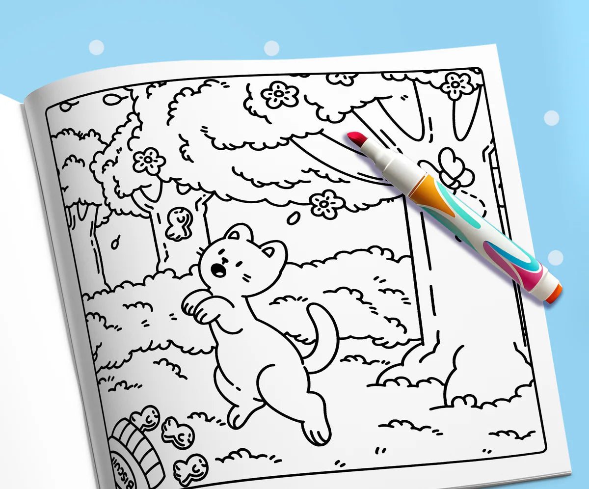 Open book with a marker: a cat playing in the garden under a big tree