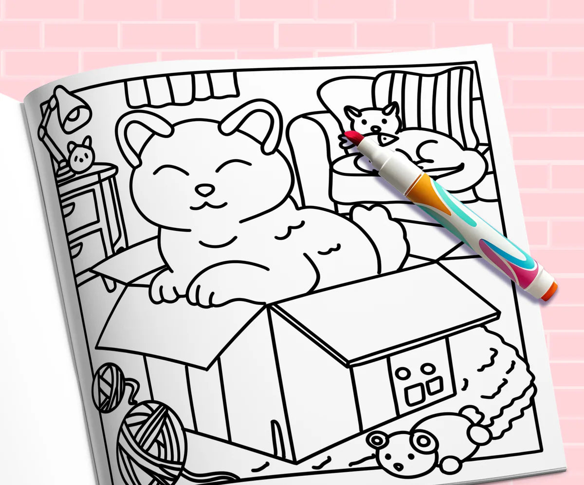 Open book with a marker: a cat napping in a cardboard box