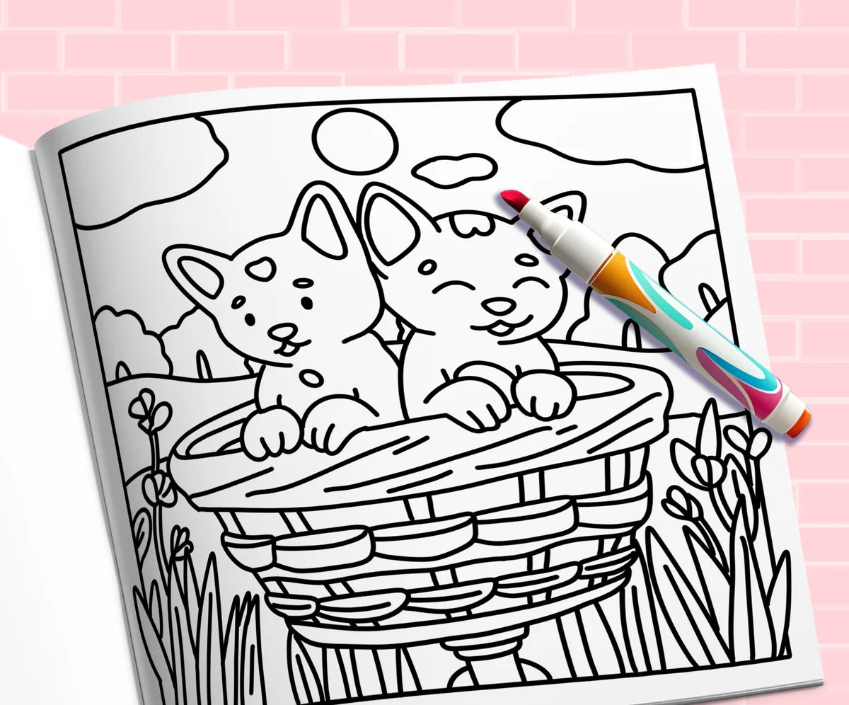Open book: two kittens in a basket