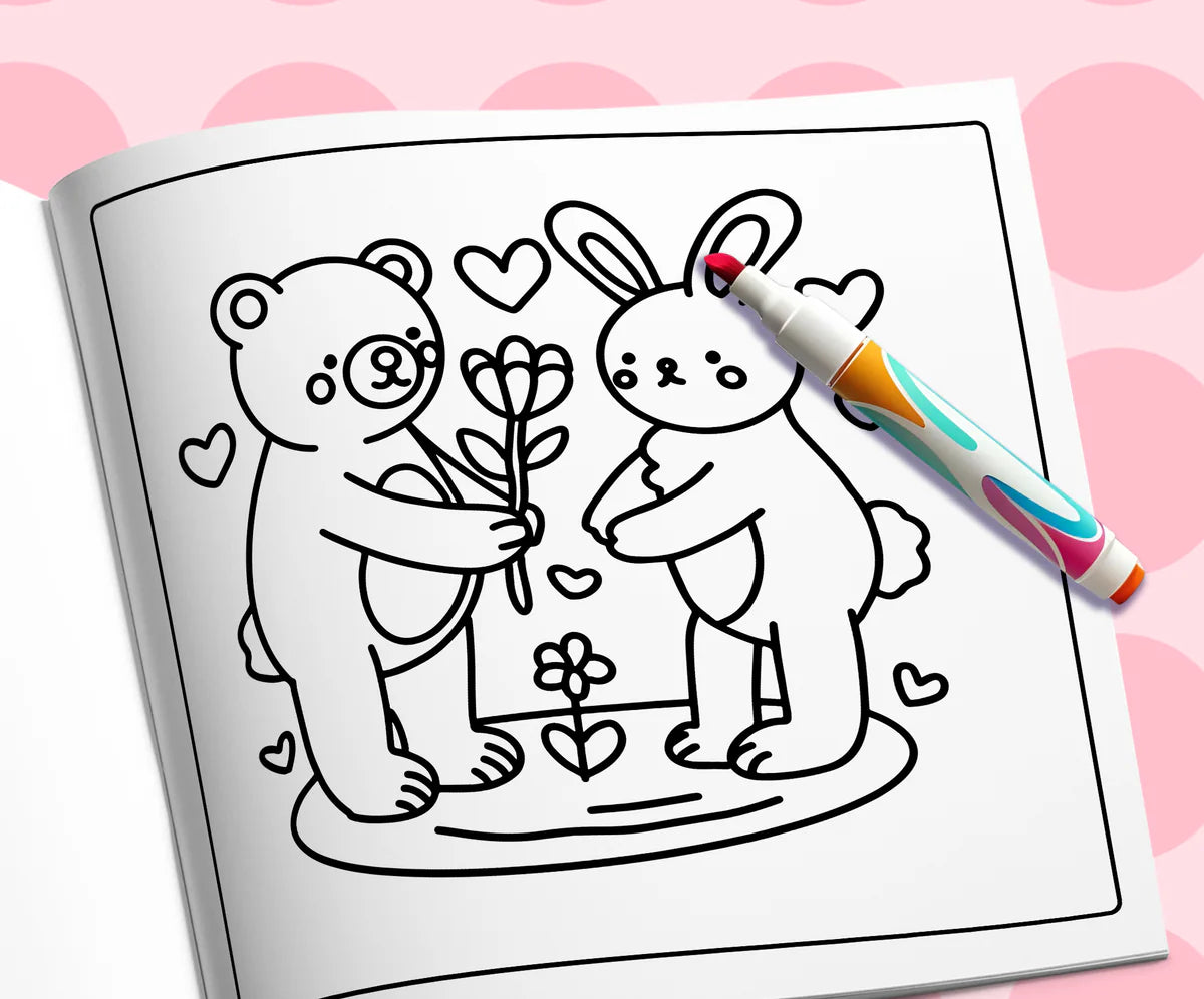 Open book with a marker: a bear and a bunny with a flower
