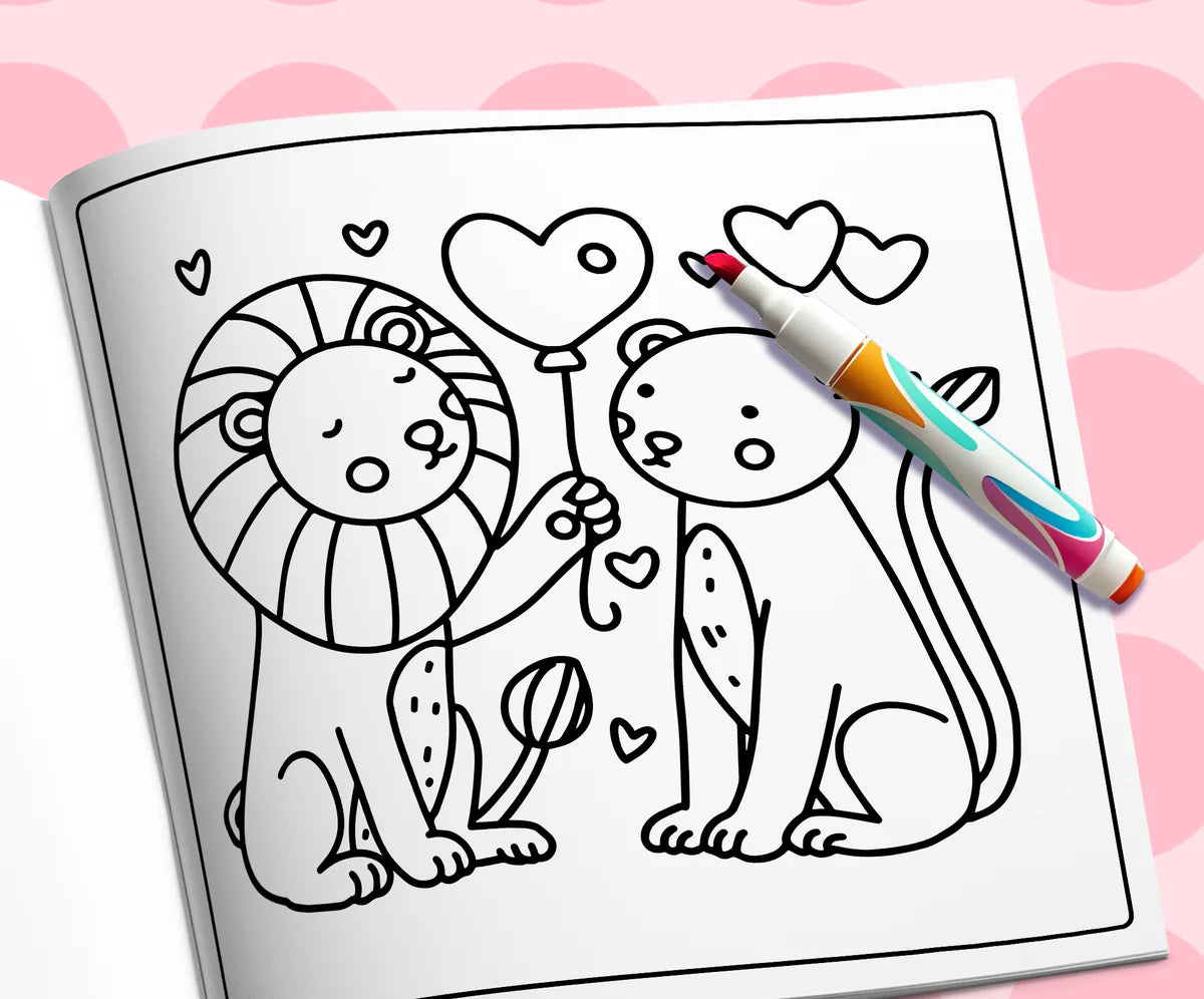 Open book: a lion and a leopard with heart balloons