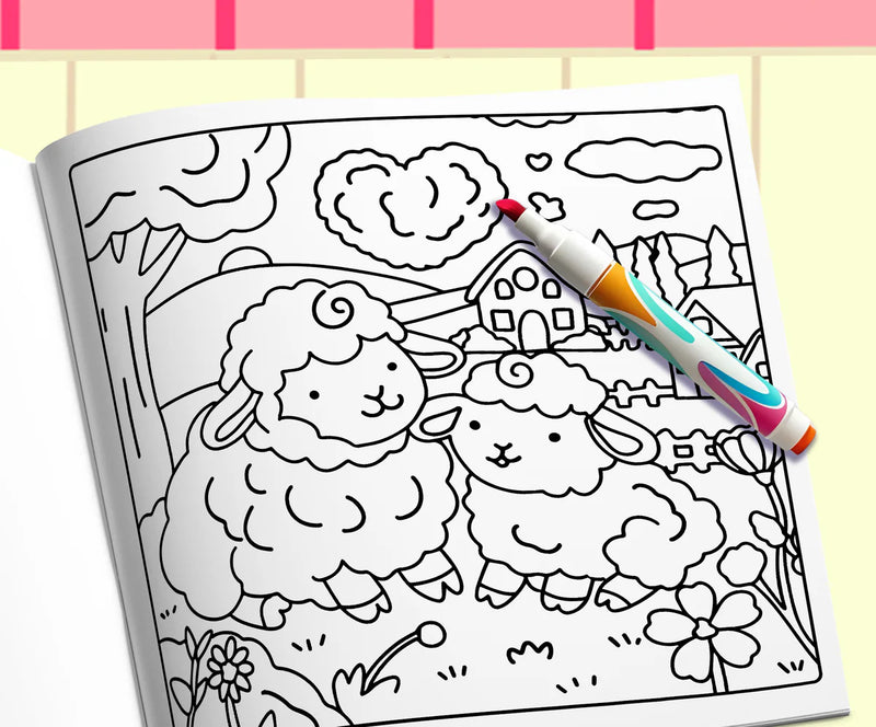 Open book with a marker: two sheep snuggled in a meadow