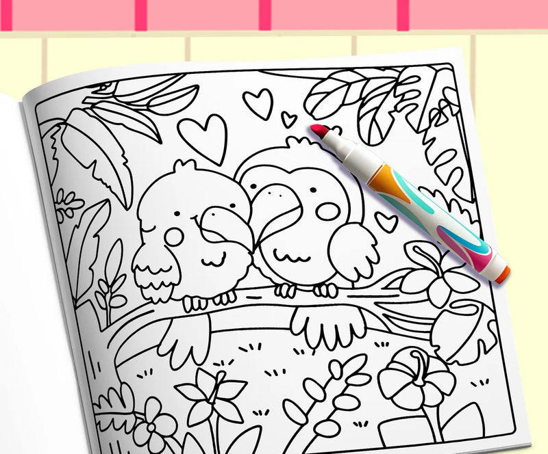 Open book: two toucans in love on a branch among tropical leaves