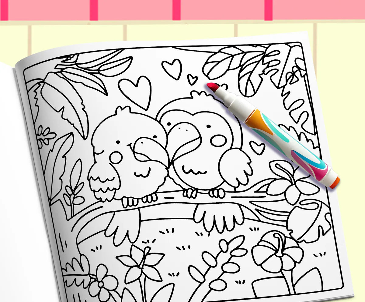 Open book: two toucans in love on a branch among tropical leaves