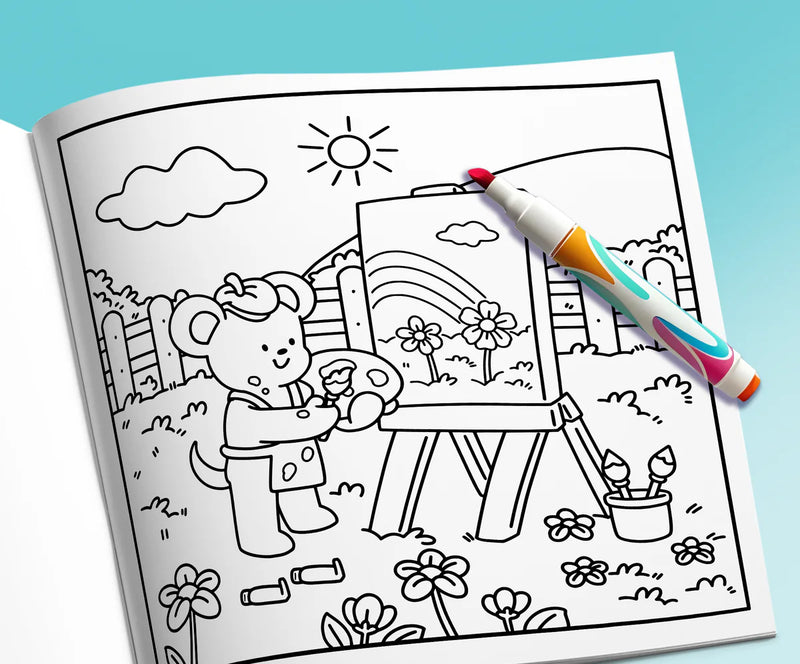 Open book with a marker: a little bear painting in the garden