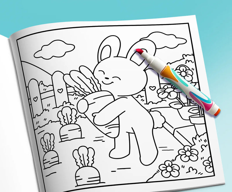 Open book: a bunny hugging carrots in the vegetable garden