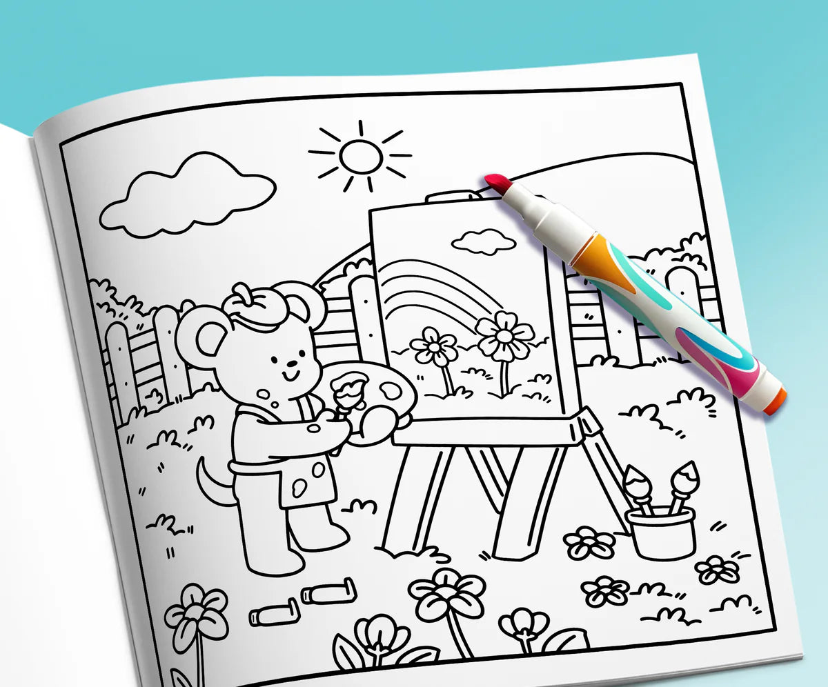 Open book with a marker: a little bear painting in the garden