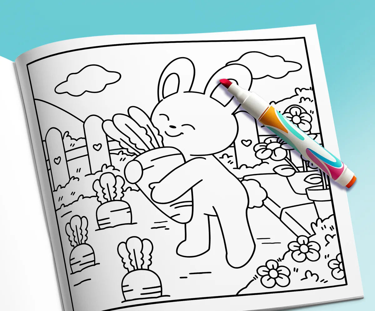Open book: a bunny hugging carrots in the vegetable garden
