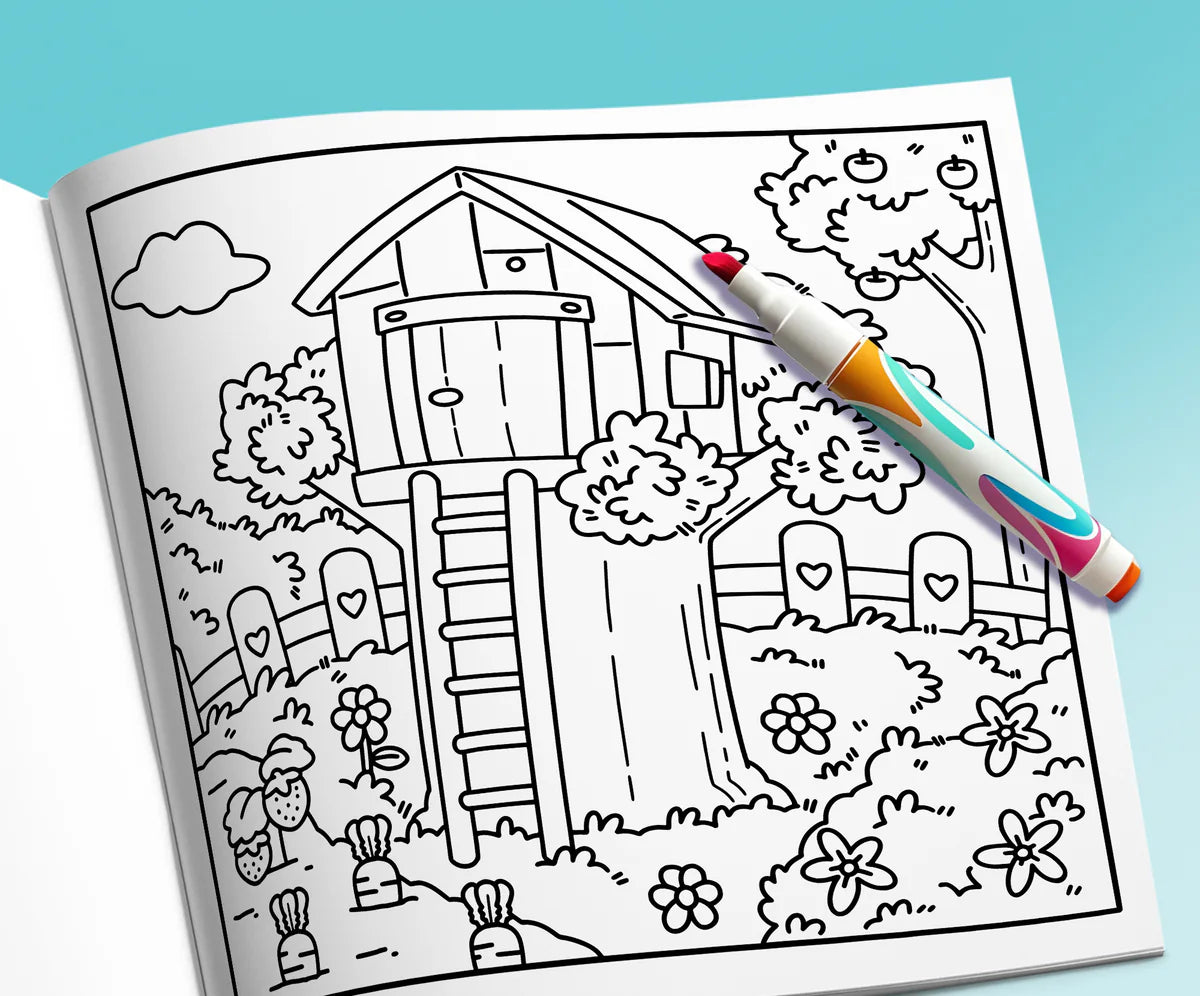 Open book: a treehouse in the garden among apple trees and carrots