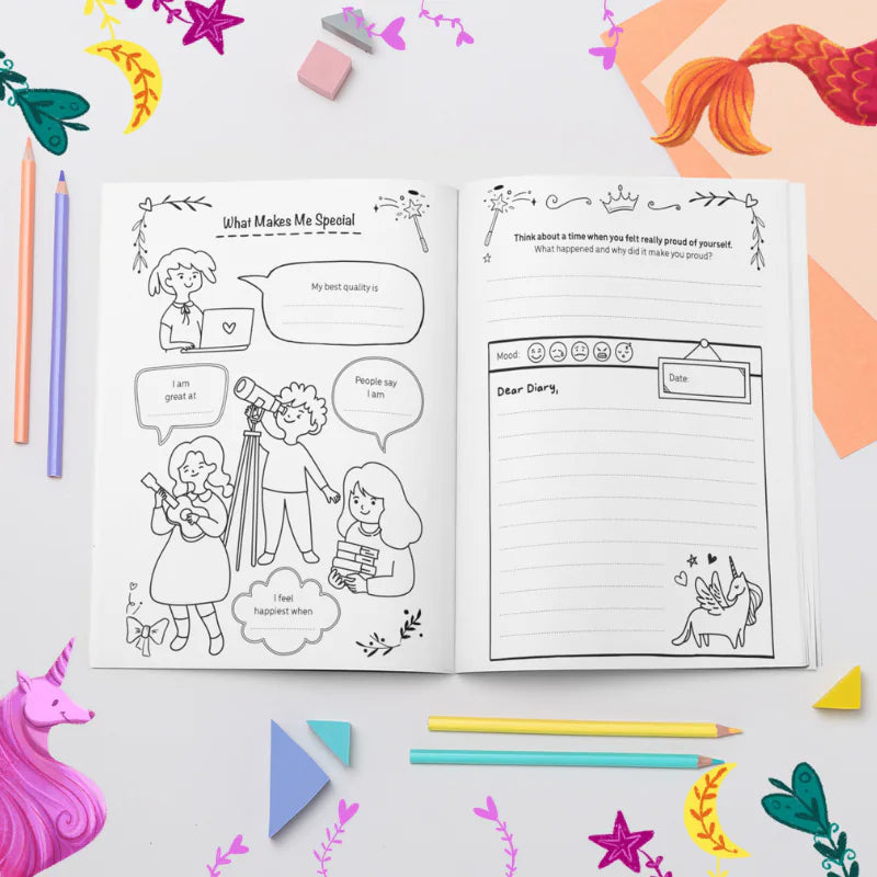 My Creative Diary open at What Makes Me Special and a Dear Diary page, among colored pencils and a toy unicorn.