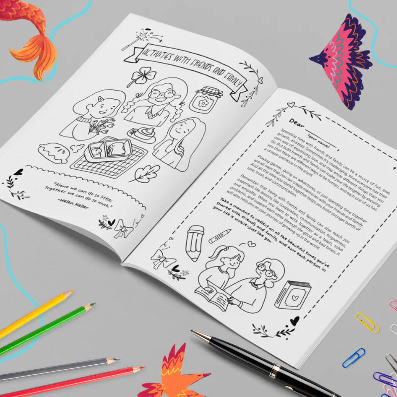 My Creative Diary open at Activities with Friends and Family and a letter page, with pencils and a pen.