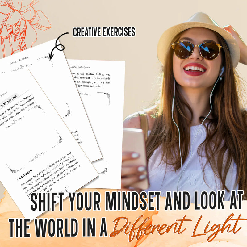 Pages of creative exercises next to a smiling woman in a hat: shift your mindset and look at the world in a different light.