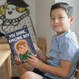 A smiling boy holds You Shine, Amazing Boy at home.