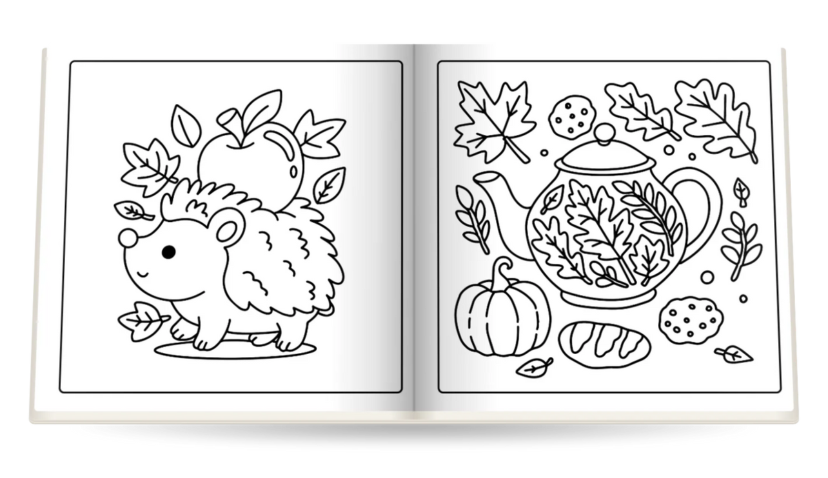 Cozy Autumn open at A hedgehog among apples and A teapot of fall leaves