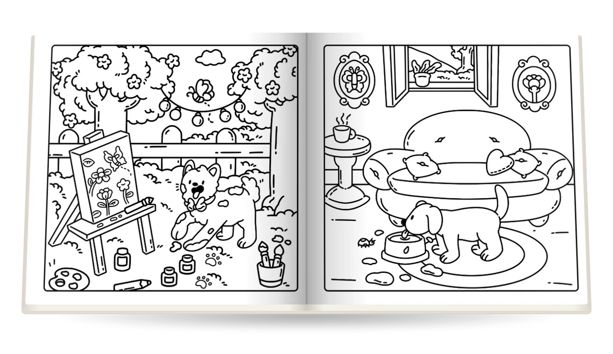 Cozy Dog Days open at A puppy painter in the garden and Snack time in the living room
