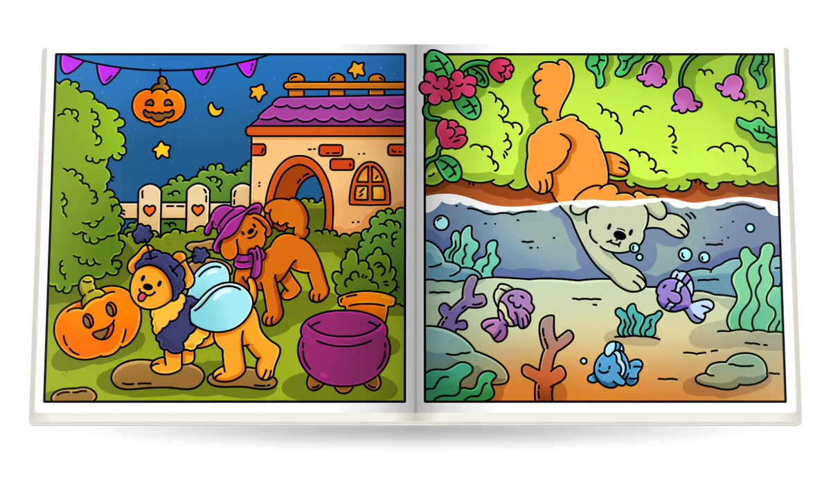Cozy Dog Days open at Pups in costume, colored in and A dive with the fish, colored in