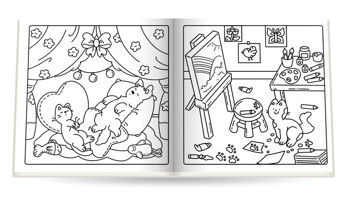 Cozy Pet Days open at A cat on a heart cushion and A kitten at the easel