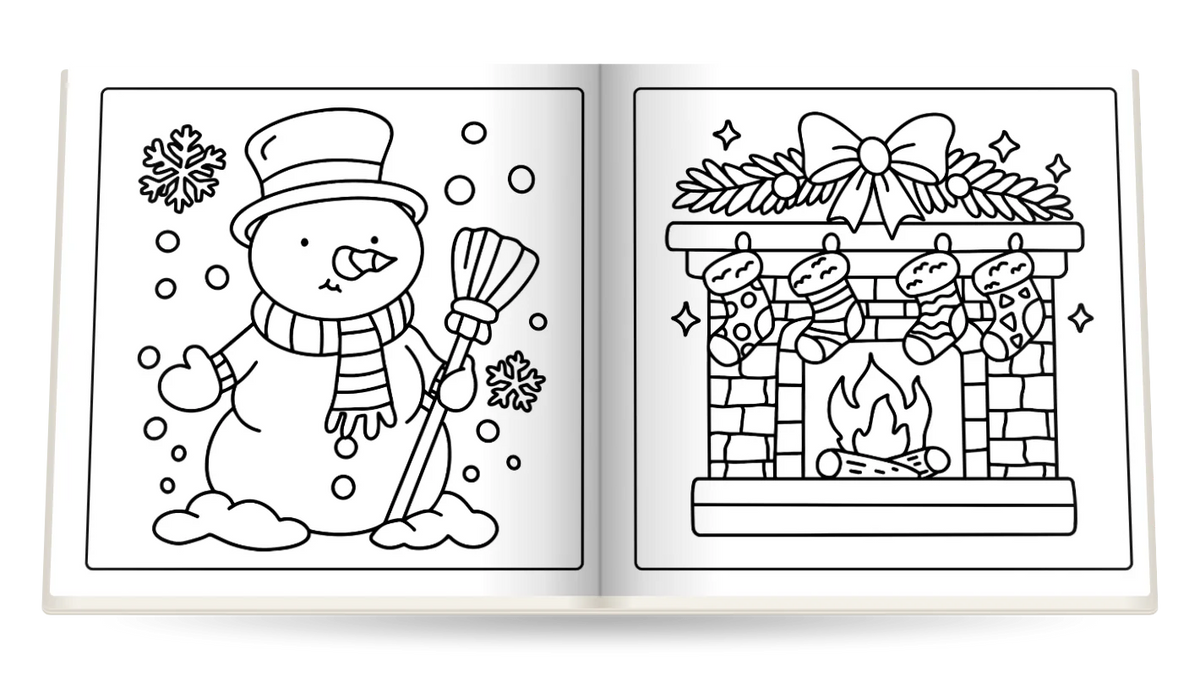 Cozy Winter open at A snowman with his broom and Stockings by the fire