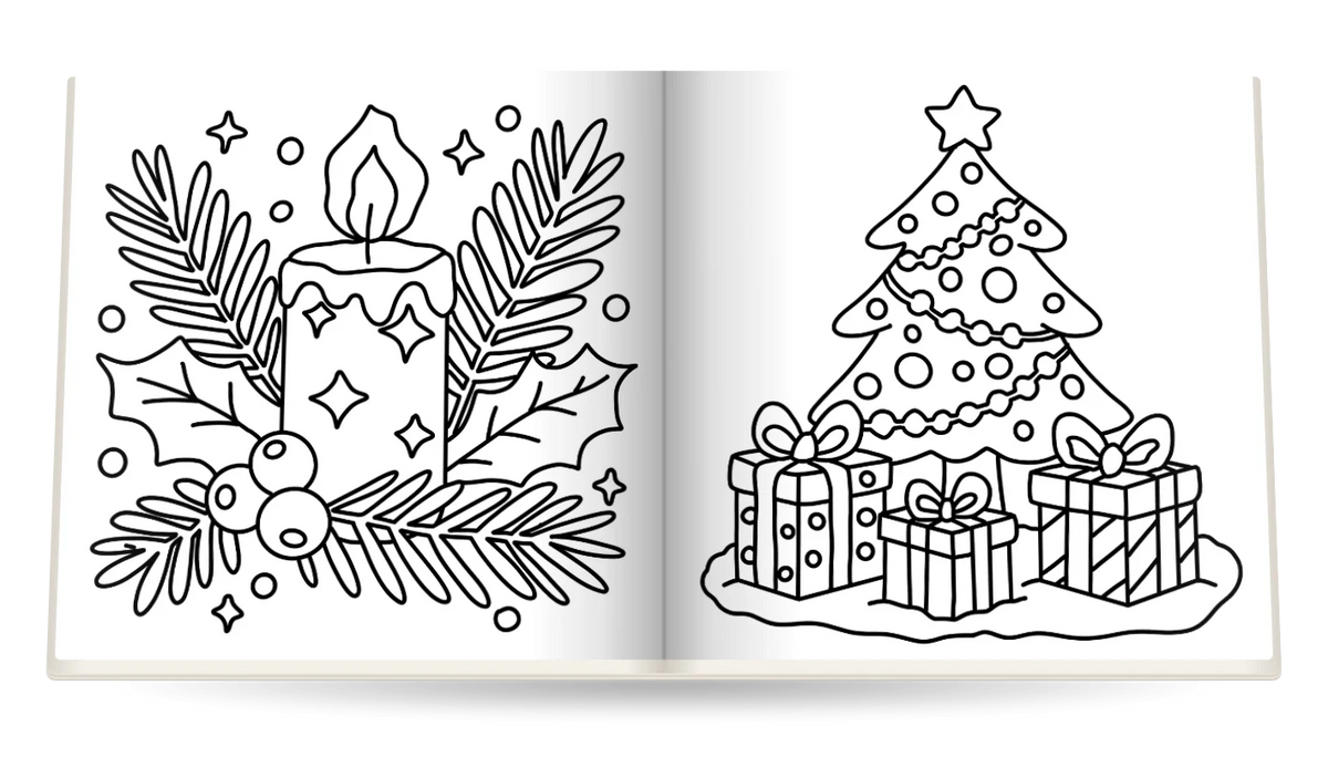 Cozy Winter open at A candle with holly and A tree full of gifts