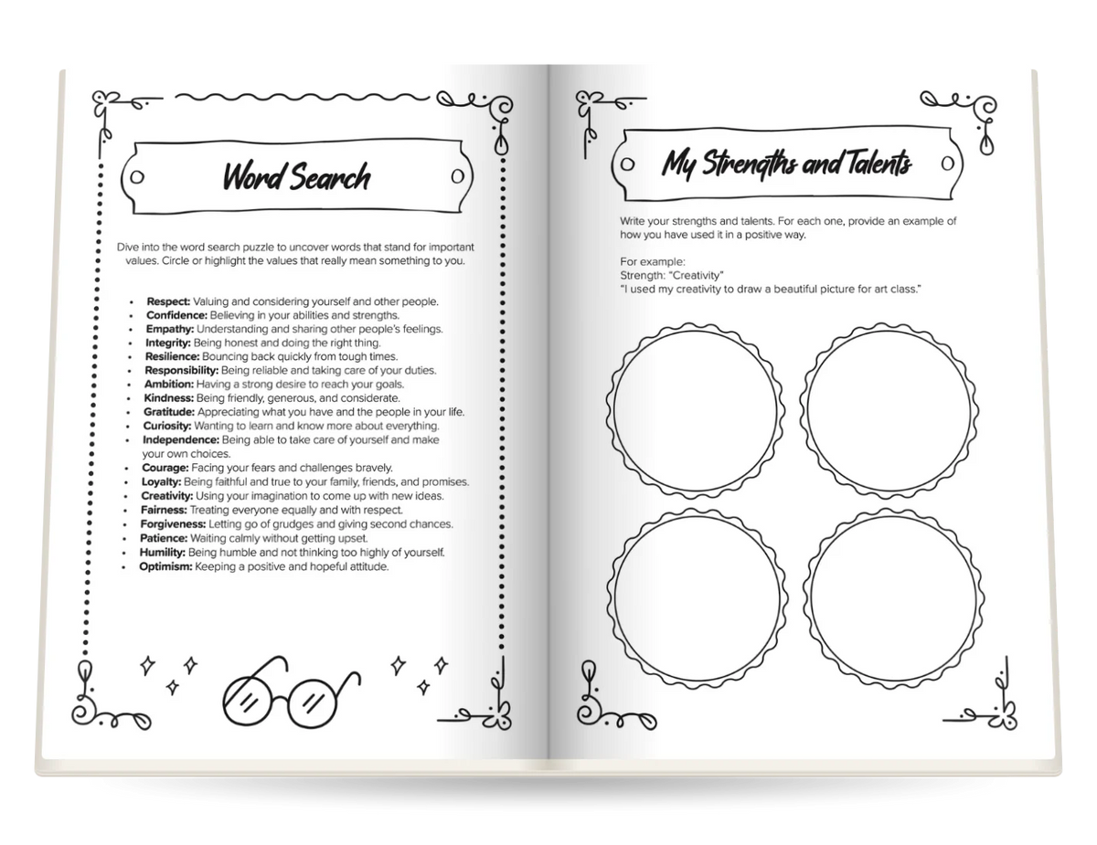 Empowering Journal for Girls open at Word Search and My Strengths and Talents