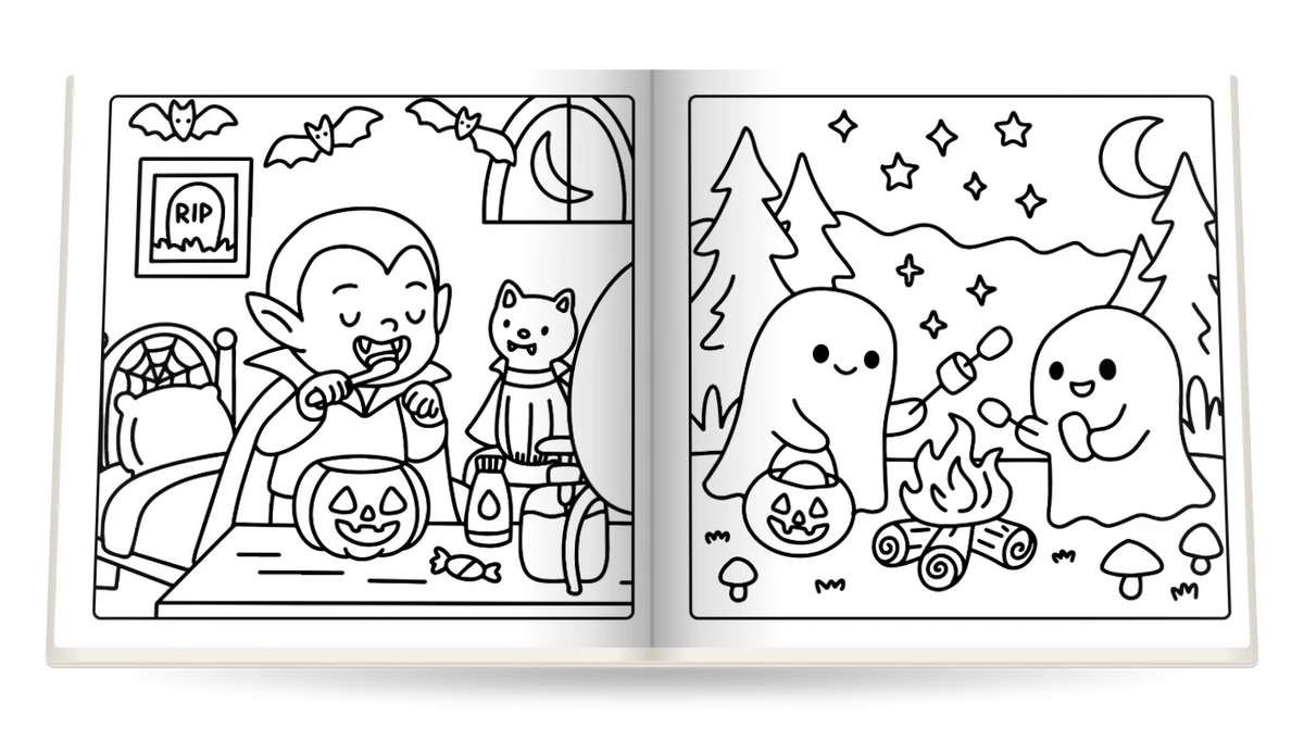 Happy Halloween open at Trick-or-treat at the door and Ghosts roasting marshmallows