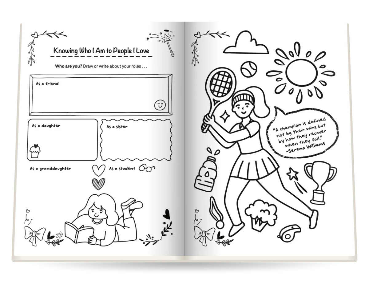 My Creative Diary open at Knowing Who I Am to People I Love and A page to color, with a quote