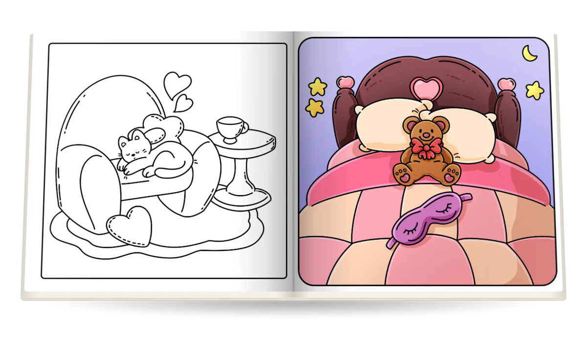 Self-Love Vibes open at A cat nap in the armchair and A teddy bear in bed, colored in