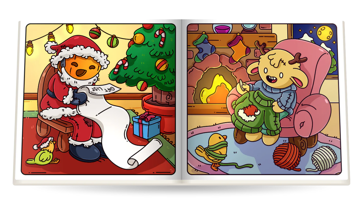 Spooky Christmas open at Santa’s gift list, colored in and Knitting by the fire, colored in