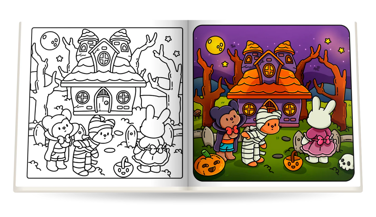 Spooky Halloween open at The haunted house and The haunted house, colored in