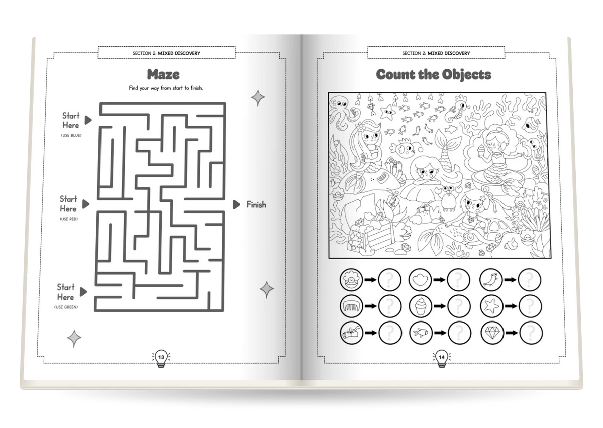 The Ultimate Activity Book for Super Smart Girls open at Maze and Count the Objects