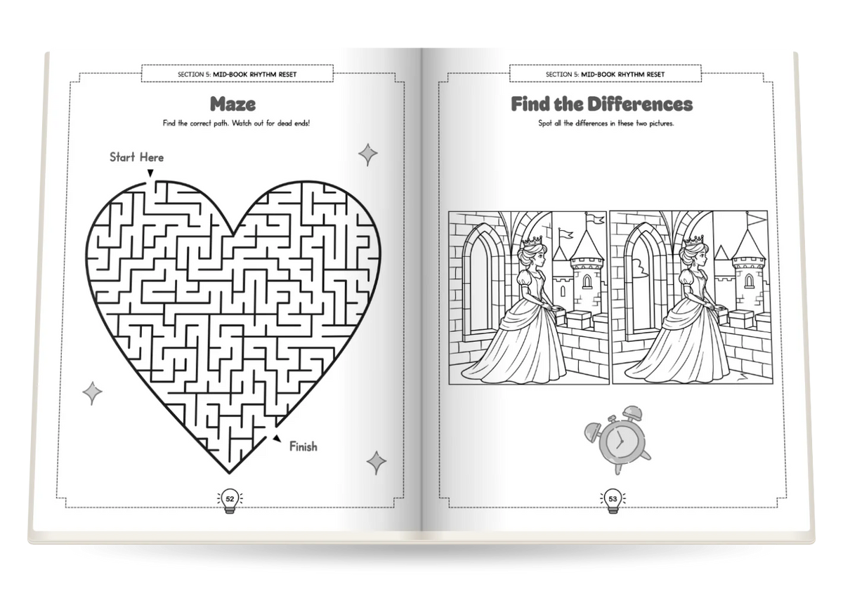 The Ultimate Activity Book for Super Smart Girls open at A heart-shaped maze and Find the Differences