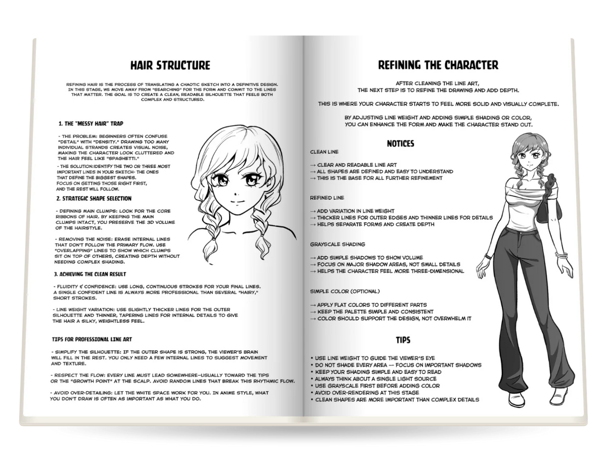 The Ultimate Guide on How to Draw Anime & Manga for Beginners open at Hair structure and Refining the character