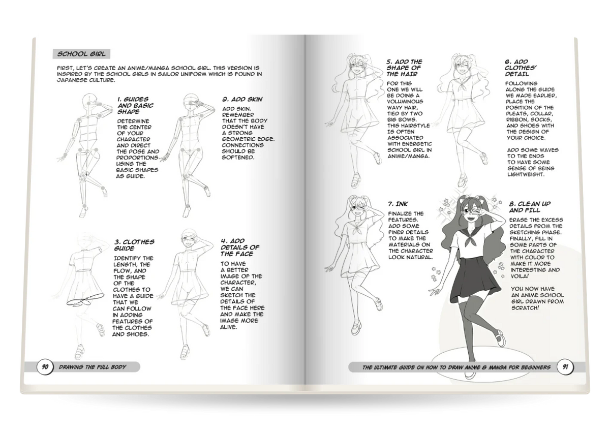 The Ultimate Guide on How to Draw Anime & Manga for Beginners open at A full body, step by step and Clothes and details