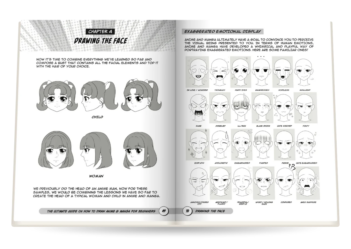 The Ultimate Guide on How to Draw Anime & Manga for Beginners open at Chapter 4 · Drawing the Face and Expressions