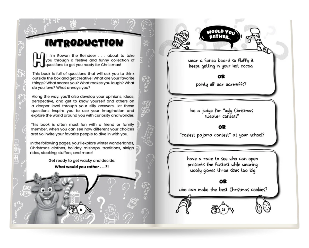 Would You Rather, Christmas Edition open at Introduction by Rowan the Reindeer and Would you rather…