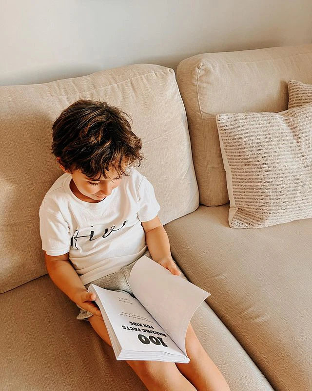 A boy reading 100 Amazing Facts for Kids on the sofa
