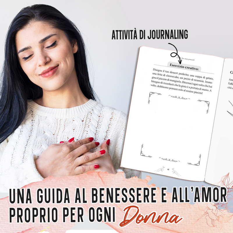 Una donna sorridente, con la mano sul cuore, accanto al libro aperto: attività di scrittura, una guida per prendersi cura di sé e volersi bene.