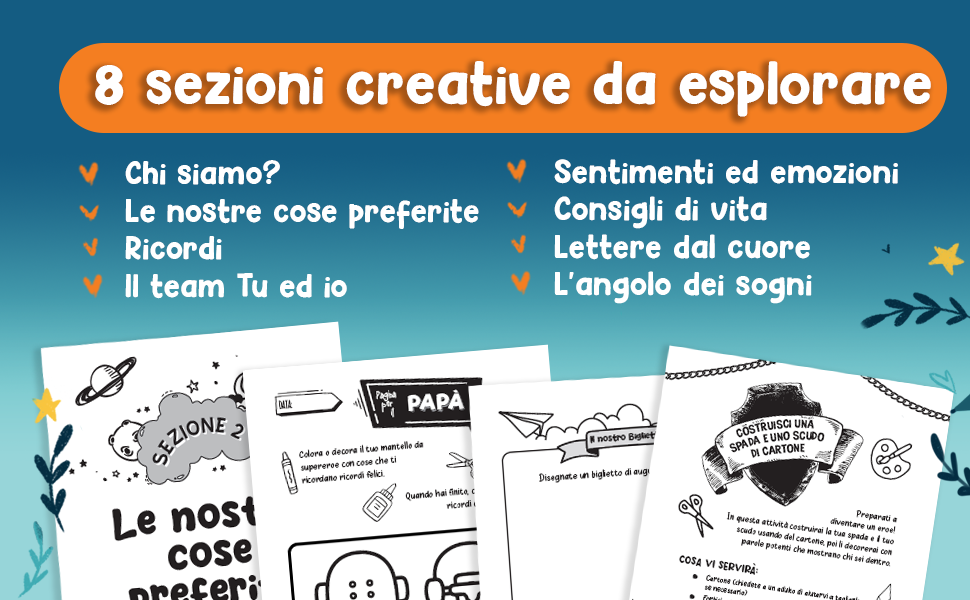 8 sezioni creative da esplorare, con pagine come «Le nostre cose preferite», «Pagina del Papà», «Il nostro biglietto» e la spada e lo scudo di cartone da costruire.