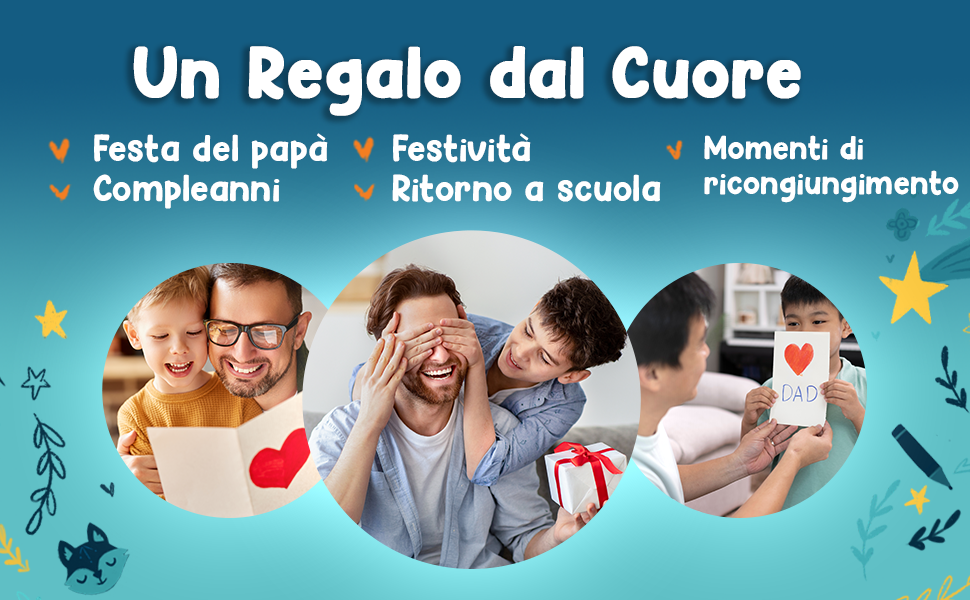 Un regalo col cuore, in tre foto di papà e figli: un biglietto a forma di cuore, un regalo e un biglietto con scritto «Dad».