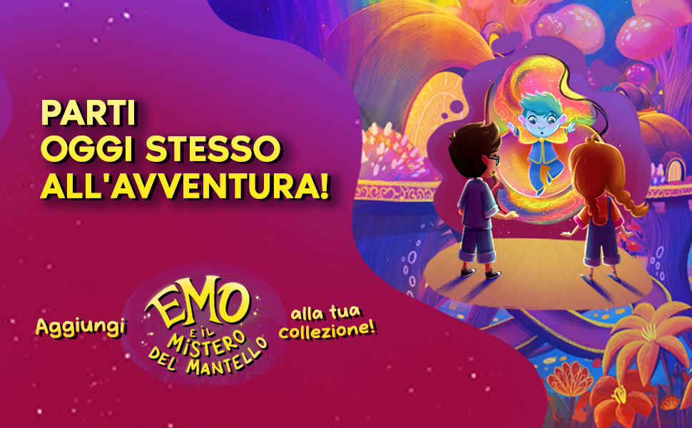 Pronti a cominciare l’avventura? Due bambini davanti a un vortice luminoso da cui appare Emo.