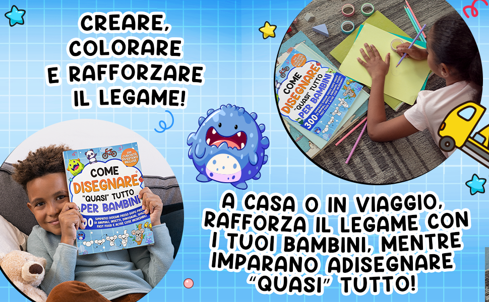 Creare, colorare e stare insieme: un bambino mostra il libro blu e una bambina disegna sul pavimento lì accanto.