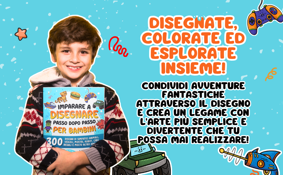 Disegnare, colorare ed esplorare insieme: un bambino sorridente tiene Imparare a disegnare passo dopo passo per bambini, tra un joystick, un monster truck e una pistola laser.