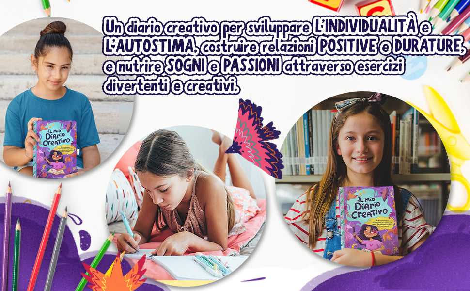 Tre ragazze con Il Mio Diario Creativo: una lo tiene in mano, una scrive sdraiata a terra, una sorride in biblioteca.