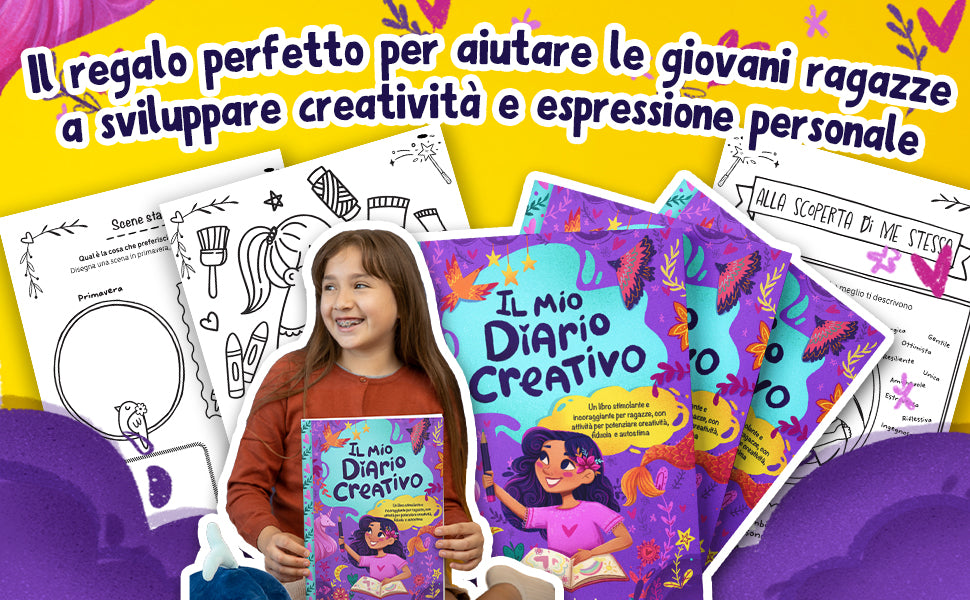 Una ragazza sorridente tiene Il Mio Diario Creativo, tra altre copie del libro e alcune pagine interne: il regalo giusto per far crescere creatività e voglia di esprimersi.