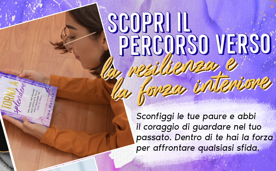 Una donna con gli occhiali legge Torna a splendere a un tavolo di legno: la strada verso la resilienza e la tua forza interiore.