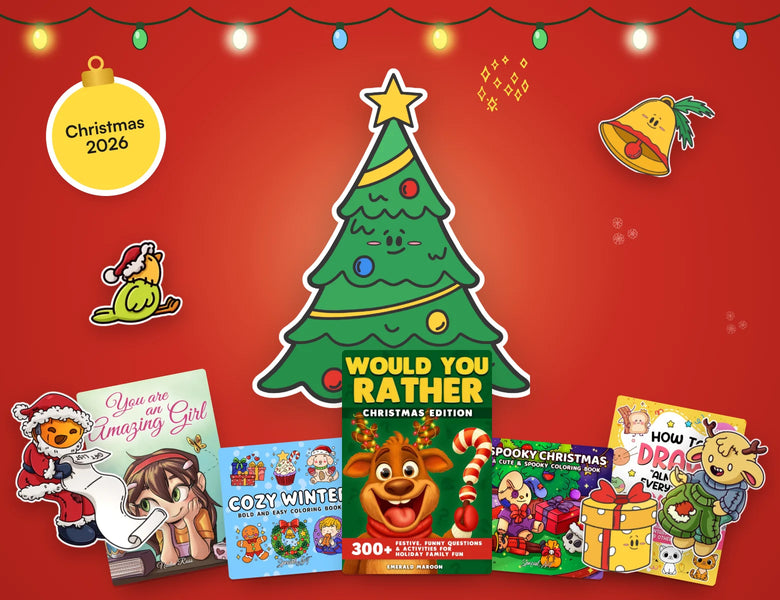 Christmas books under a colored Christmas tree: You Are an Amazing Girl, Cozy Winter, Would You Rather? Christmas Edition, Spooky Christmas and How to Draw Almost Everything Kawaii, with Santa, a reindeer and the Lil Parrot
