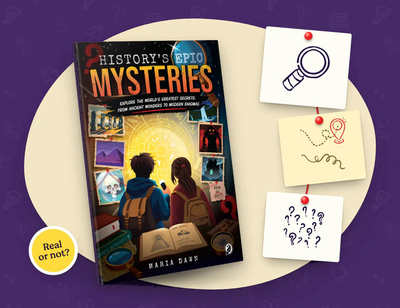 History’s Epic Mysteries by Maria Dawn on a detective board with clue notes: a magnifying glass, a map and question marks