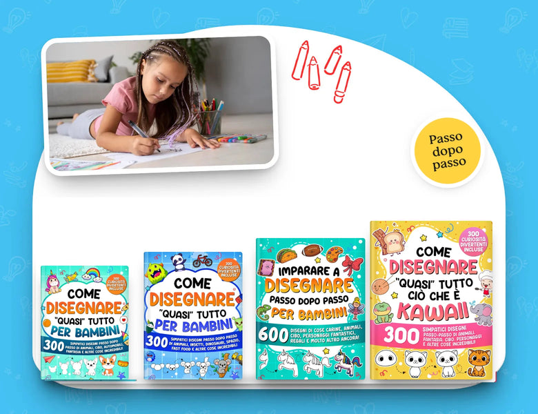 Una bambina disegna sul pavimento, accanto ai libri della collana Come disegnare